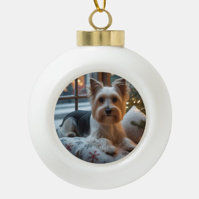 Biewer Terrier With Christmas Lights Holiday Ceramic Ball Christmas Ornament (Front)