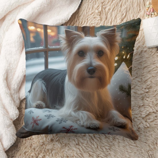 Biewer Terrier With Christmas Lights Holiday Cushion (Blanket)