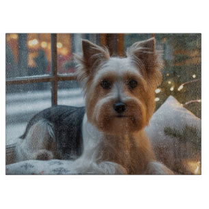 Biewer Terrier With Christmas Lights Holiday Cutting Board