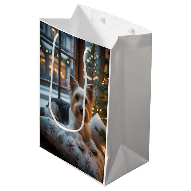 Biewer Terrier With Christmas Lights Holiday Medium Gift Bag (Front Angled)
