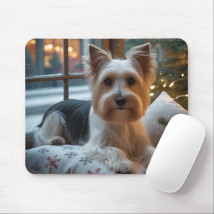 Biewer Terrier With Christmas Lights Holiday Mouse Mat