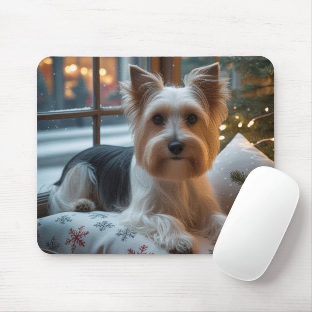 Biewer Terrier With Christmas Lights Holiday Mouse Mat (With Mouse)