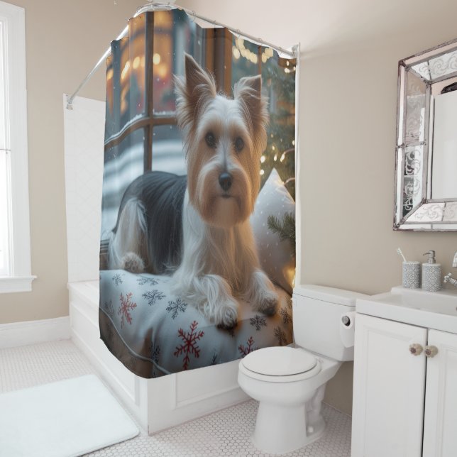 Biewer Terrier With Christmas Lights Holiday Shower Curtain (In Situ)