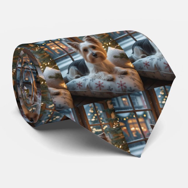 Biewer Terrier With Christmas Lights Holiday Tie (Rolled)