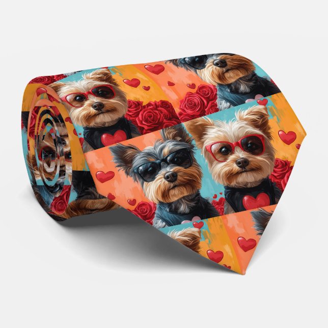 Biewer Terrier With Heart Roses Valentine's Day Tie (Rolled)
