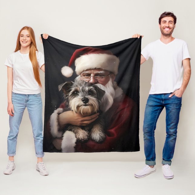 Biewer Terrier With Santa Claus Festive Christmas Fleece Blanket (In Situ)