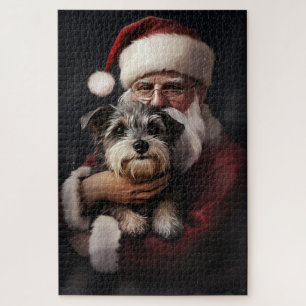 Biewer Terrier With Santa Claus Festive Christmas Jigsaw Puzzle