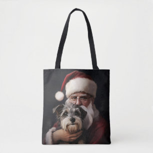 Biewer Terrier With Santa Claus Festive Christmas Tote Bag