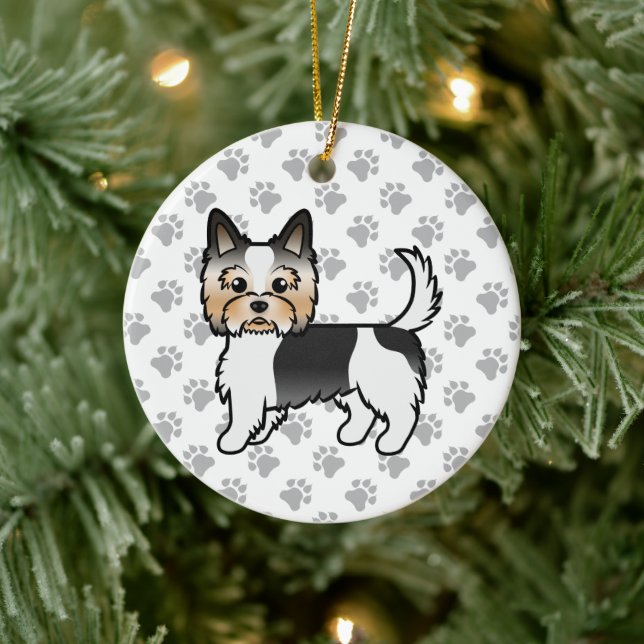Biewer Terrier Yorkie Cartoon Dog & Paws Ceramic Tree Decoration (Tree)