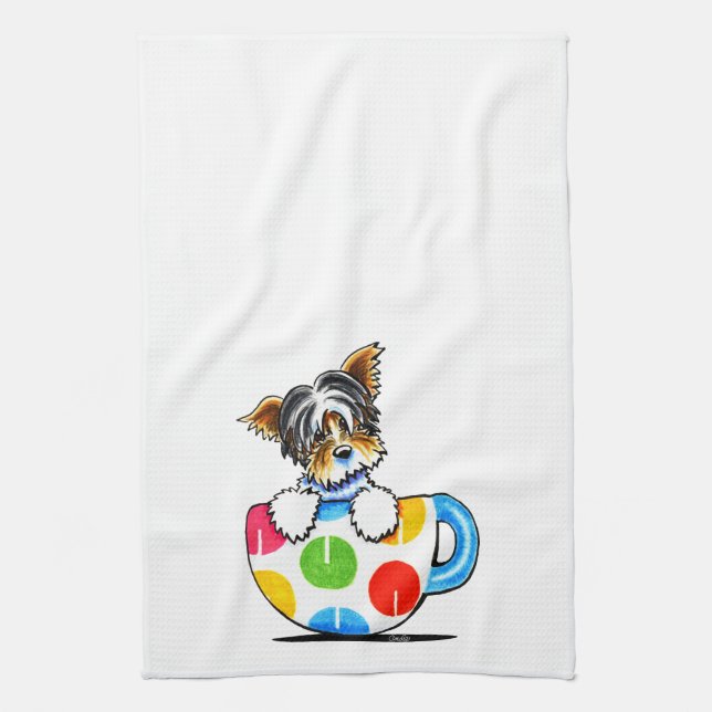 Biewer Yorkie Polka Dot Cup Tea Towel (Vertical)