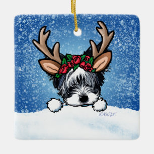 Biewer Yorkie Reindeer Ceramic Ornament