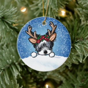Biewer Yorkie Reindeer Christmas Ceramic Ornament