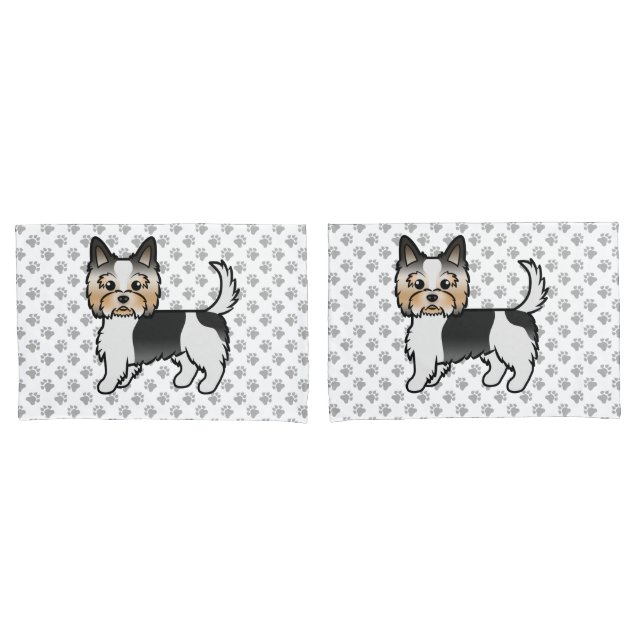 Biewer Yorkshire Terrier Cartoon Dog & Paws Pillowcase (Front-Set)