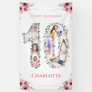 Big 10th Birthday Girl Photo Collage Pink Flower Banner