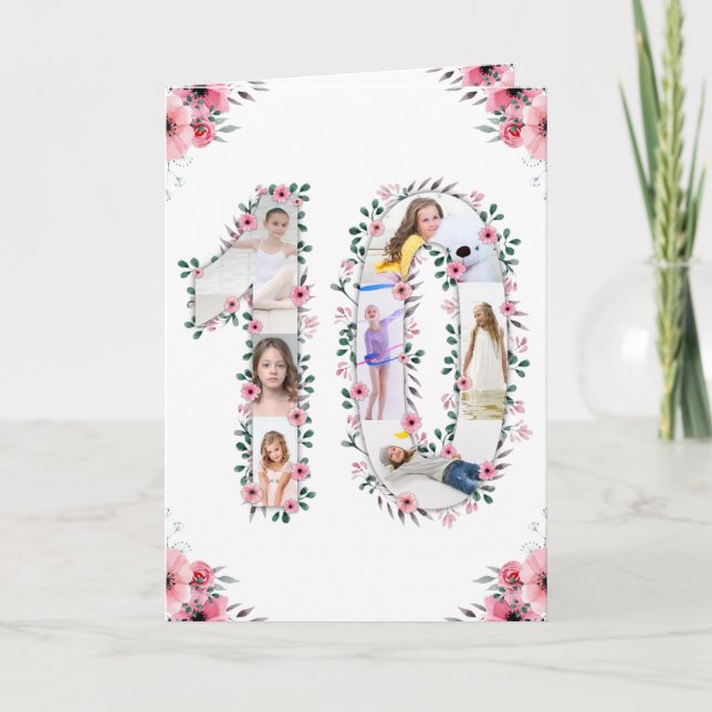 Big 10th Birthday Girl Photo Collage Pink Flower Card (Front)