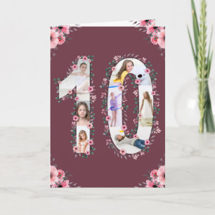 Big 10th Birthday Girl Photo Collage Pink Flower Card
