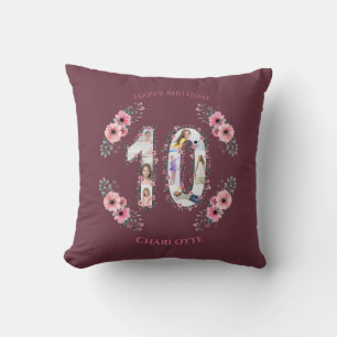 Big 10th Birthday Girl Photo Collage Pink Flower Cushion