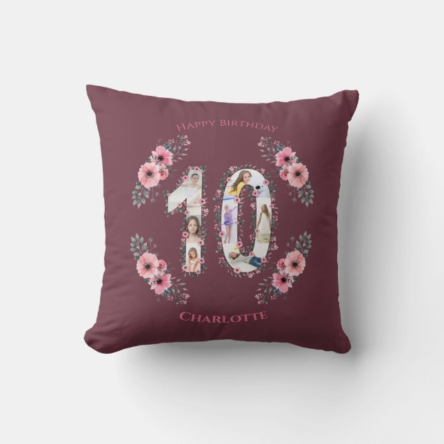 Big 10th Birthday Girl Photo Collage Pink Flower Cushion (Front)