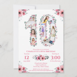 Big 10th Birthday Girl Photo Collage Pink Flower Invitation