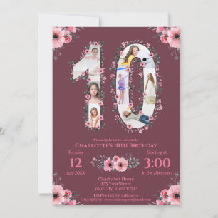 Big 10th Birthday Girl Photo Collage Pink Flower Invitation
