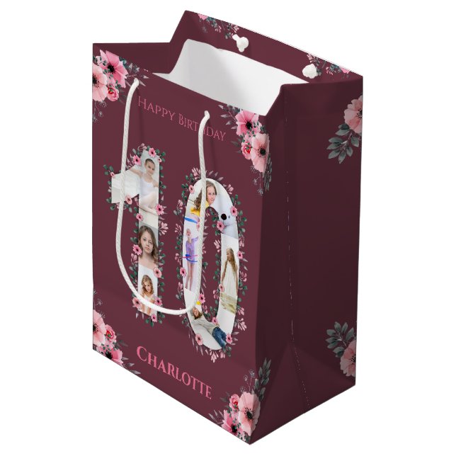 Big 10th Birthday Girl Photo Collage Pink Flower Medium Gift Bag (Front Angled)