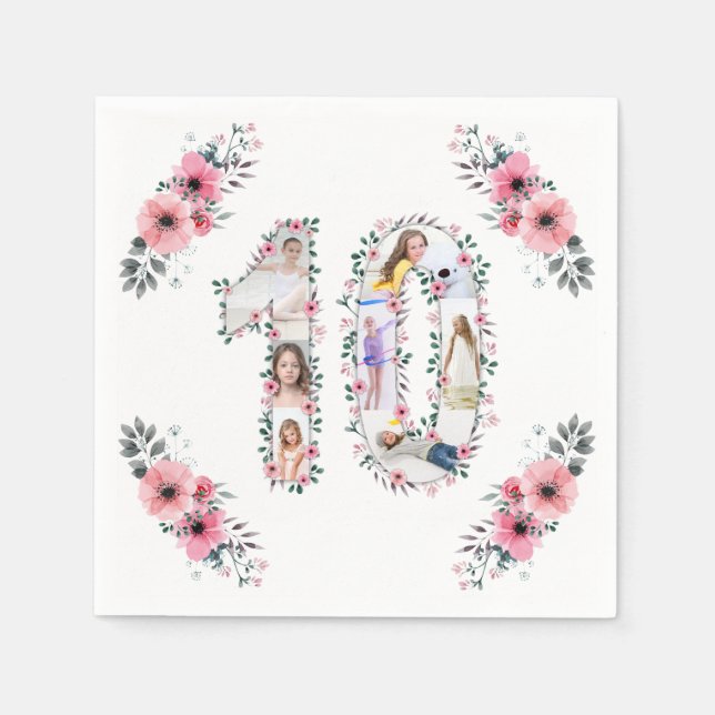 Big 10th Birthday Girl Photo Collage Pink Flower Napkin (Front)