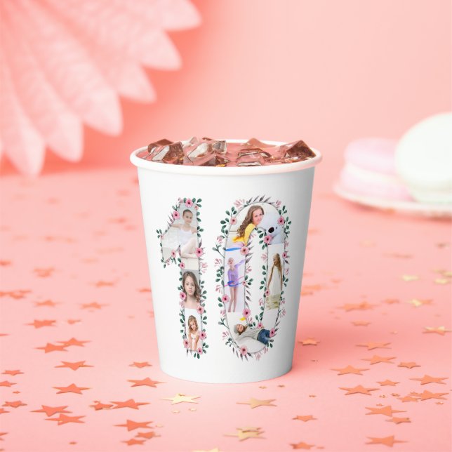 Big 10th Birthday Girl Photo Collage Pink Flower Paper Cups (Insitu)