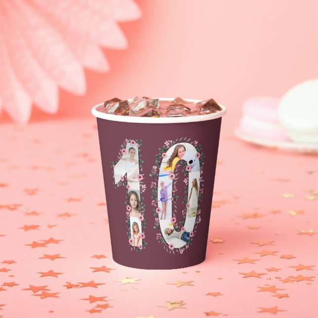 Big 10th Birthday Girl Photo Collage Pink Flower Paper Cups (Insitu)