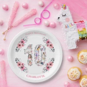 Big 10th Birthday Girl Photo Collage Pink Flower Paper Plate