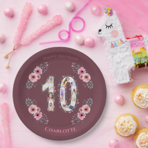 Big 10th Birthday Girl Photo Collage Pink Flower Paper Plate