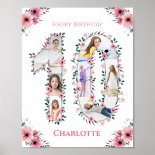 Big 10th Birthday Girl Photo Collage Pink Flower Poster