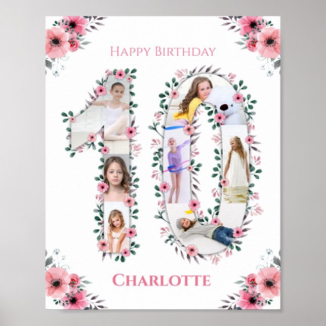 Big 10th Birthday Girl Photo Collage Pink Flower Poster (Front)