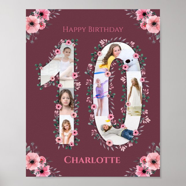 Big 10th Birthday Girl Photo Collage Pink Flower Poster (Front)