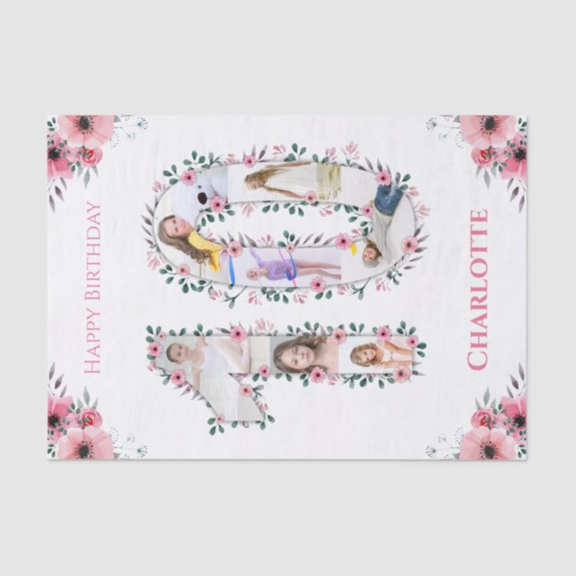 Big 10th Birthday Girl Photo Collage Pink Flower Tissue Paper (Front)