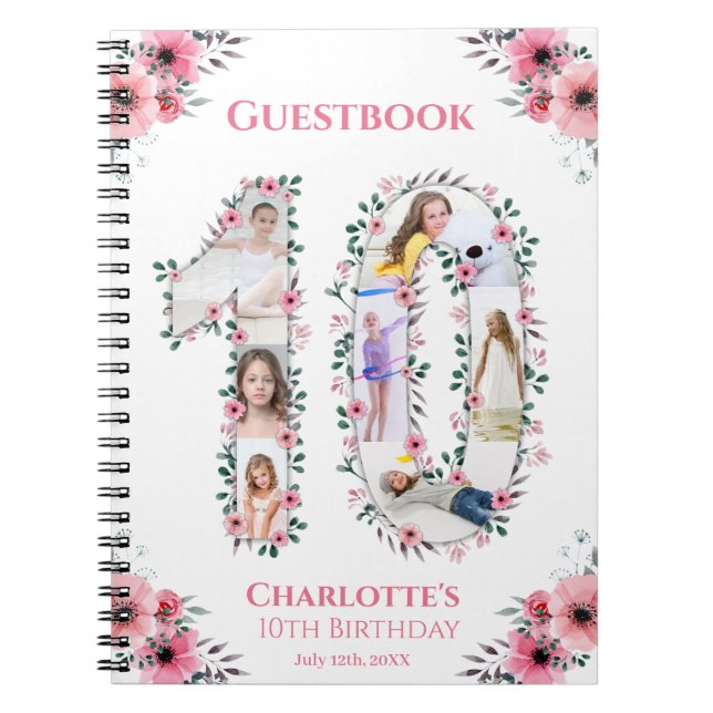 Big 10th Birthday Girl Photo Pink Flower Guestbook Notebook (Front)
