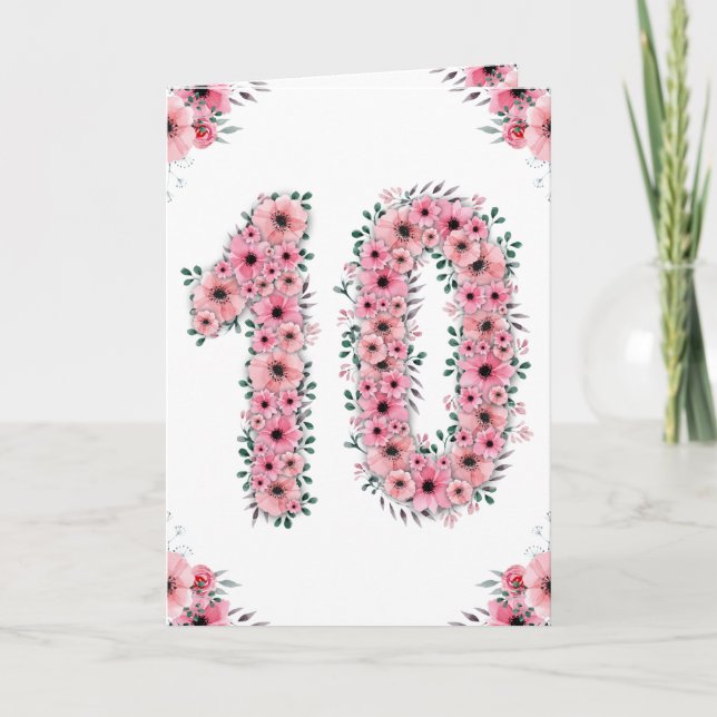 Big 10th Birthday Girl Pink Flowers Green Foliage Card (Front)