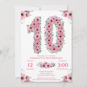 Big 10th Birthday Green Foliage Girl Pink Flowers Invitation