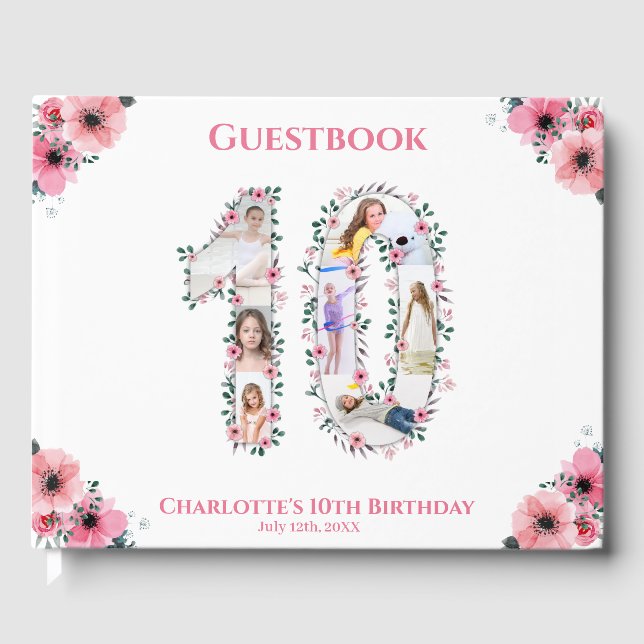Big 10th Birthday Photo Collage Flower Girl White Guest Book (Front)