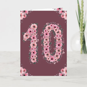 Big 10th Birthday Pink Flowers Green Foliage Girl Card