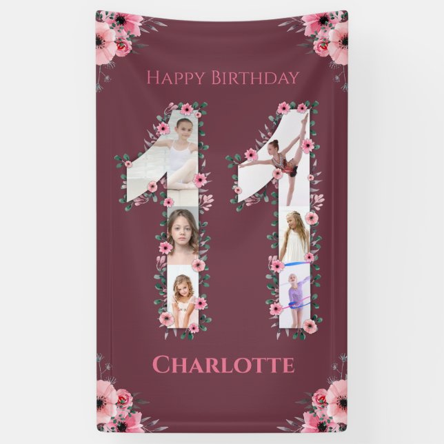 Big 11th Birthday Girl Photo Collage Pink Flower Banner (Vertical)