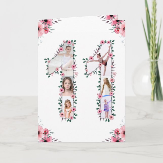 Big 11th Birthday Girl Photo Collage Pink Flower Card (Front)
