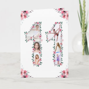 Big 11th Birthday Girl Photo Collage Pink Flower Card