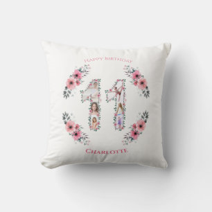 Big 11th Birthday Girl Photo Collage Pink Flower Cushion