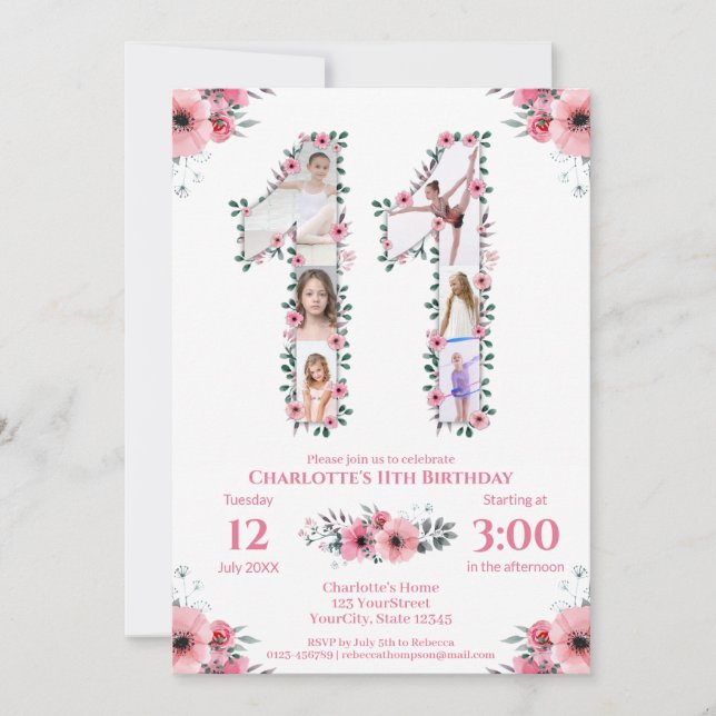 Big 11th Birthday Girl Photo Collage Pink Flower Invitation (Front)