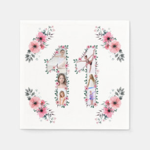Big 11th Birthday Girl Photo Collage Pink Flower Napkin