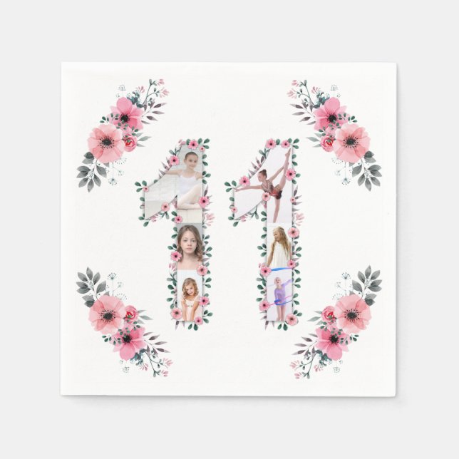 Big 11th Birthday Girl Photo Collage Pink Flower Napkin (Front)