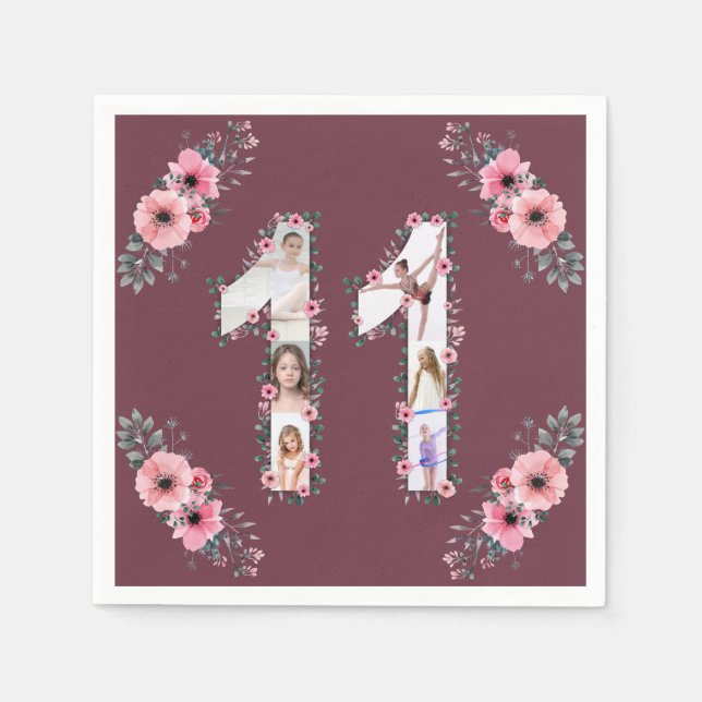 Big 11th Birthday Girl Photo Collage Pink Flower Napkin (Front)