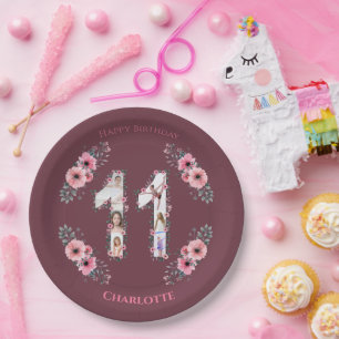 Big 11th Birthday Girl Photo Collage Pink Flower Paper Plate
