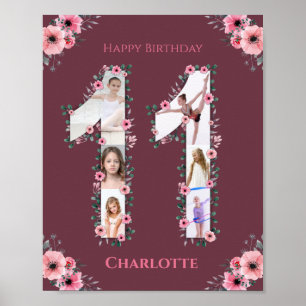 Big 11th Birthday Girl Photo Collage Pink Flower Poster