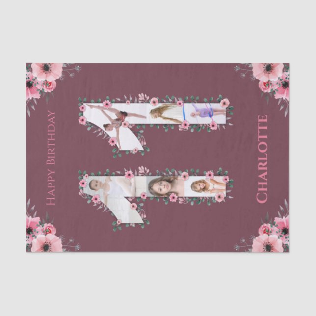 Big 11th Birthday Girl Photo Collage Pink Flower Tissue Paper (Front)